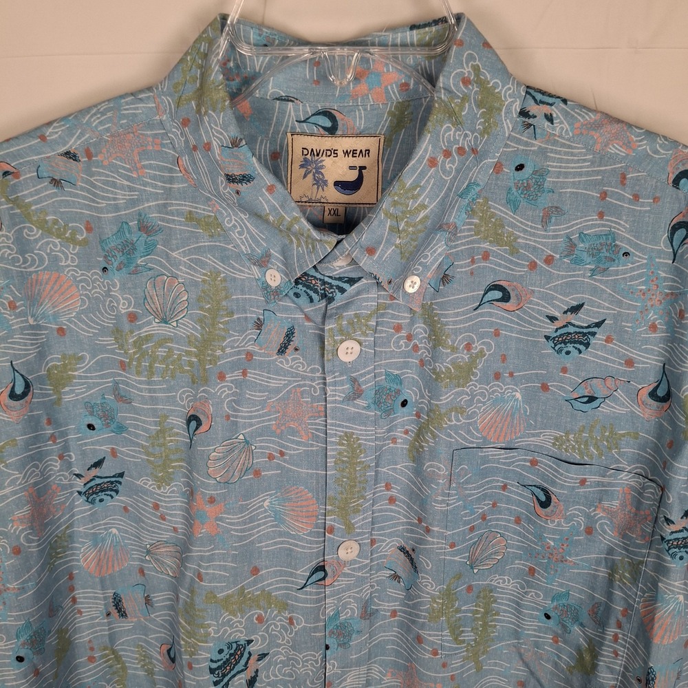 DAVID'S WEAR Men's 2XL Shirt Blue Pink Marine Life Fish Short Sleeve Button Down - Picture 5 of 12